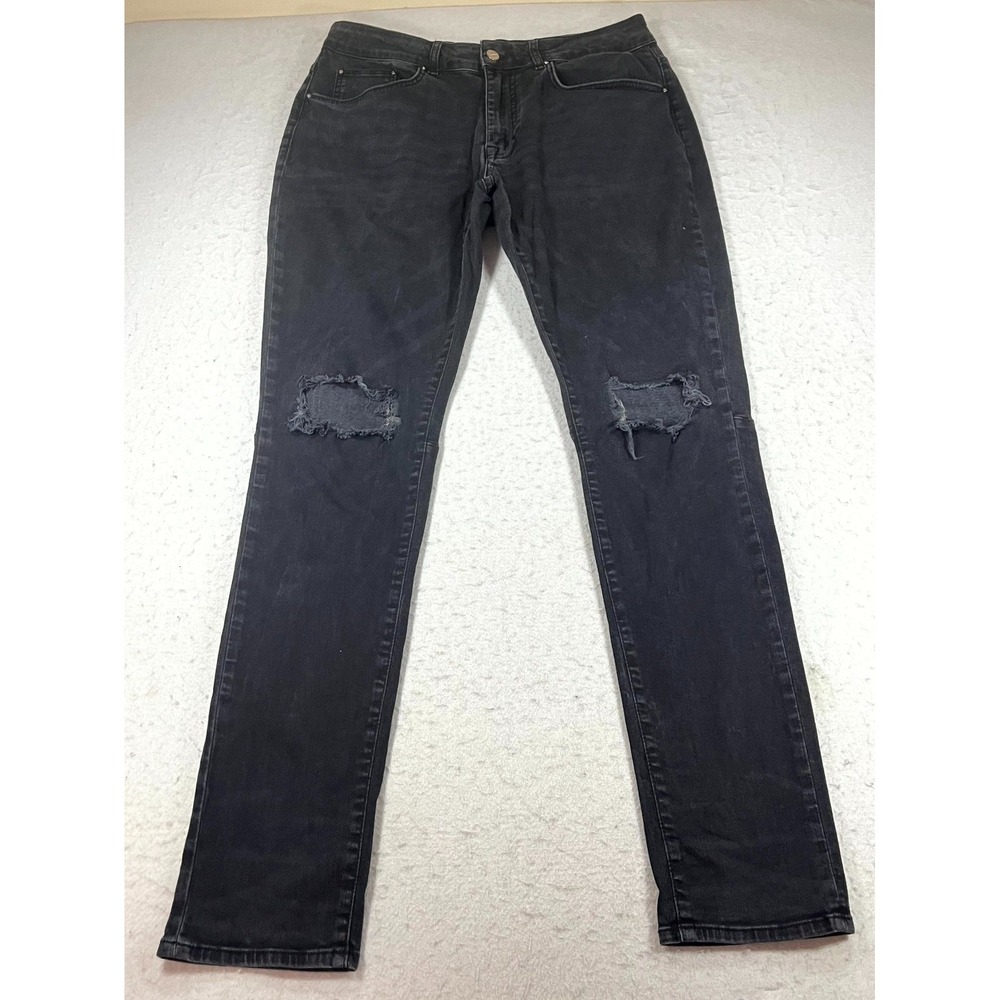 Legend London Straight Jeans Mens 36x34 Black Denim Stretch Dark Wash Distressed